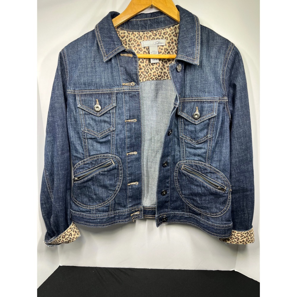 Chicos Platinum Denim Jacket Womens 0 Small Blue Dark Wash Leopard Print Trim